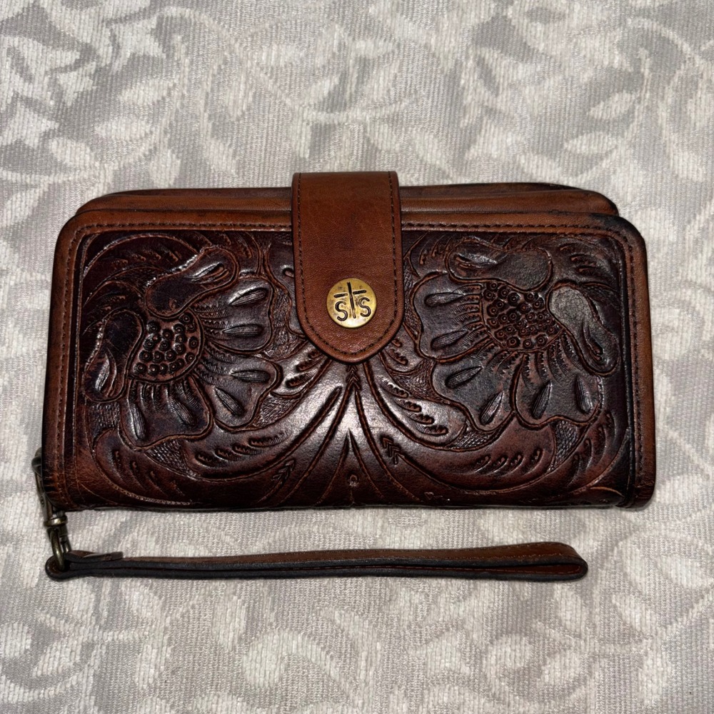 STS Ranchwear Brown Tooled Leather Floral Wristlet Wallet Western Bifold Clutch